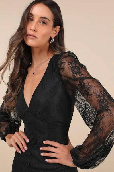 Lulus Perfect Tendencies Black Lace Button-front Midi Dress In Black