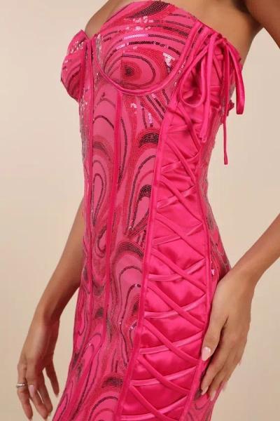 Lulus Enticing Sparkle Hot Pink Sequin Lace-up Strapless Mini Dress In Hot Pink