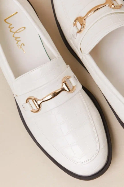 Lulus Wrenlie Cream Croc-embossed Horsebit Loafer Flats In White