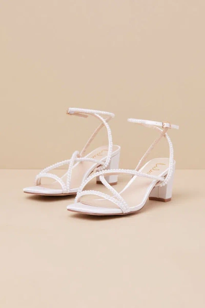 Lulus Makenna White Pearl Satin Strappy Ankle Strap Low Heel Sandals In White