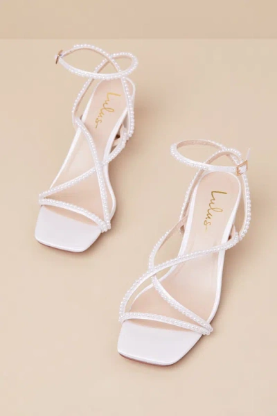 Lulus Makenna White Pearl Satin Strappy Ankle Strap Low Heel Sandals In White