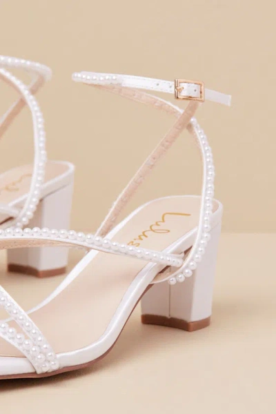 Lulus Makenna White Pearl Satin Strappy Ankle Strap Low Heel Sandals In White