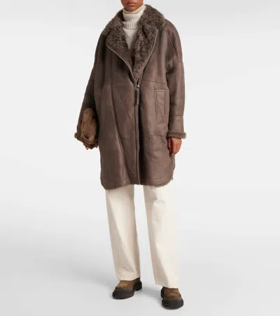 Brunello Cucinelli Shearling-lined Leather Coat In Brown