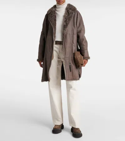 Brunello Cucinelli Shearling-lined Leather Coat In Brown
