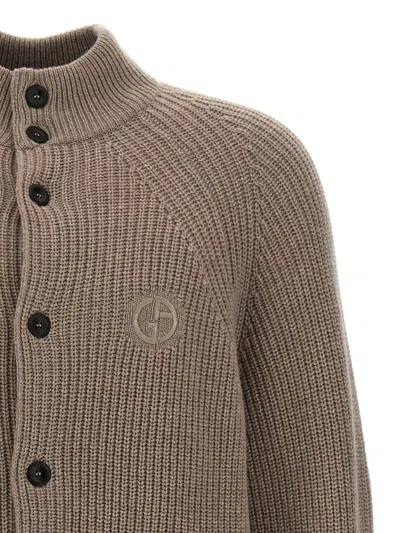 Giorgio Armani Ribbed Texture High Neck Cardigan With Front Pockets In Beige