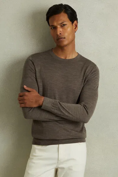 Reiss Dark Brown Melange Merino Wool Crew Neck Jumper In Dark Brown Melange