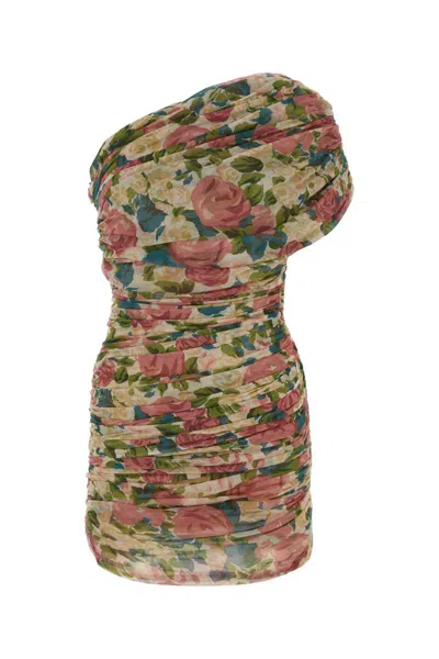 Saint Laurent Pink One Shoulder Mini Dress In Techno Fabric Woman In Floral