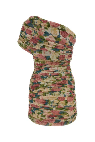 Saint Laurent Pink One Shoulder Mini Dress In Techno Fabric Woman In Floral