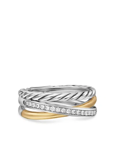 David Yurman 18kt Yellow Gold Crossover Three Row Diamond Ring In Silver