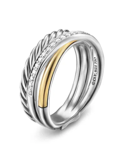 David Yurman 18kt Yellow Gold Crossover Three Row Diamond Ring In Silver