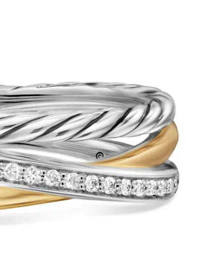 David Yurman 18kt Yellow Gold Crossover Three Row Diamond Ring In Silver