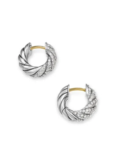 David Yurman Sculpted Cable Diamond Hoop Earrings In Silver