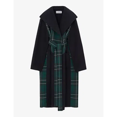 Shop Loewe Womens Checked-panel Relaxed-fit Wool-blend Coat Midnight Blue/green