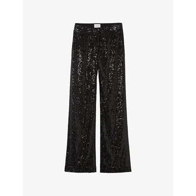 CLAUDIE PIERLOT WOMENS SEQUIN-EMBELLISHED STRAIGHT-LEG MID-RISE STRETCH-WOVEN TROUSERS NOIR / GRIS 