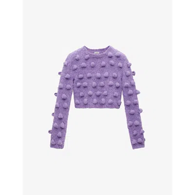 Loewe Cropped Pom Pom-embellished Brushed Knitted Sweater In Purple