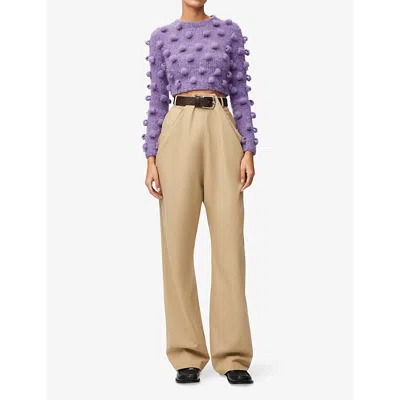 Loewe Cropped Pom Pom-embellished Brushed Knitted Sweater In Purple