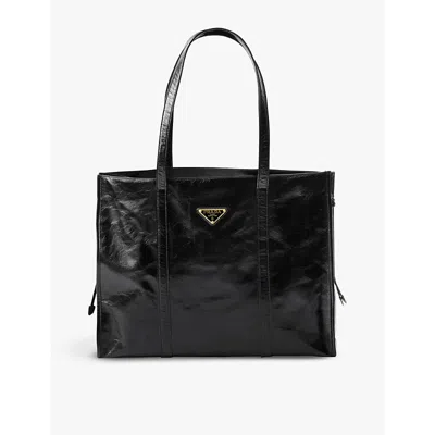 Prada Large Glossy Leather Tote Bag In Black