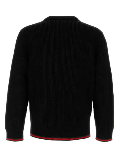 Gucci Black Crewneck Sweater With Web Detail In Ribbed Wool Blend Man In Black