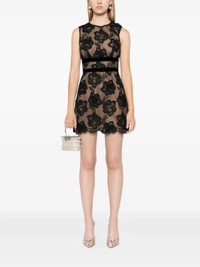 Self-portrait Black Crewneck Mini Dress With Lace Embellishments And Semi Sheer Design
