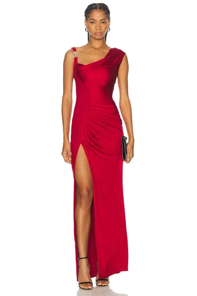 Versace Embellished Crepe And Draped Satin Gown In Lipstick Red