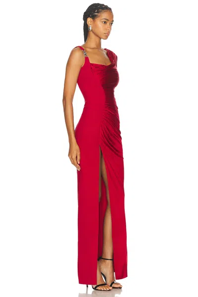 Versace Embellished Crepe And Draped Satin Gown In Lipstick Red