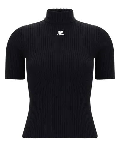 Courrèges Reedition Short Sleeves Ribbed Knitted Sweater Clothing In Black