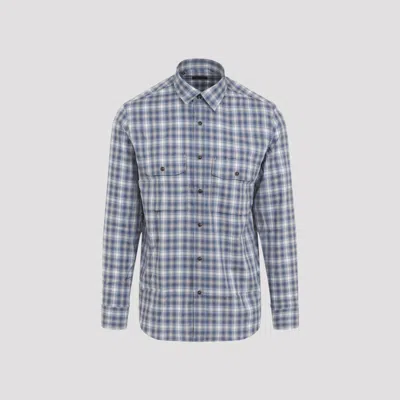 Brioni Checked Long-sleeved Shirt In Bluette White