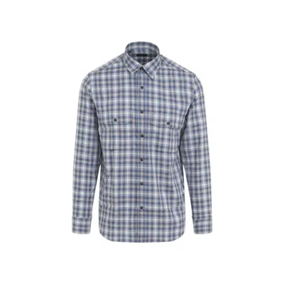 Brioni Checked Long-sleeved Shirt In Bluette White