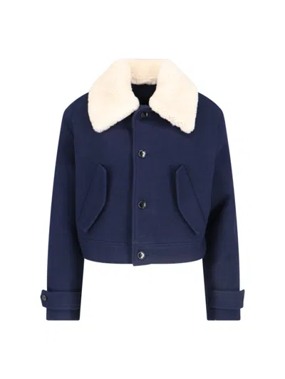 Shop Ami Alexandre Mattiussi Shearling Crop Tech Jacket In Blue