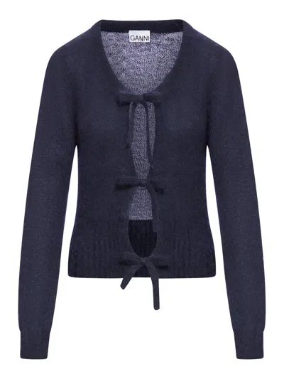 Shop Ganni Knitted Tie String Cardigan In Blue