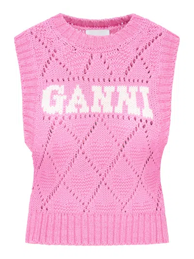 Shop Ganni Pink Cotton Rope Vest In Pink & Purple