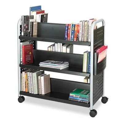 Safco Scoot Double-sided Book Cart, Metal, 6 Shelves, 1 Bin, 41.25" X 17.75" X 41.25", Black