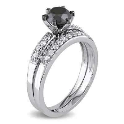 Pre-owned Amour 1 1/3 Ct Tw Black And White Diamond Bridal Set In 10k White Gold