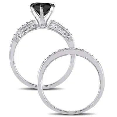 Pre-owned Amour 1 1/3 Ct Tw Black And White Diamond Bridal Set In 10k White Gold