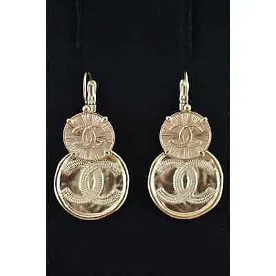 Pre-owned Chanel 22p Free Spirit Cc Gold Logo Circle Dangle Drop Statement Hoop Earrings