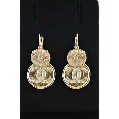 Pre-owned Chanel 22p Free Spirit Cc Gold Logo Circle Dangle Drop Statement Hoop Earrings