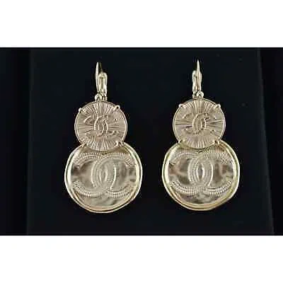 Pre-owned Chanel 22p Free Spirit Cc Gold Logo Circle Dangle Drop Statement Hoop Earrings