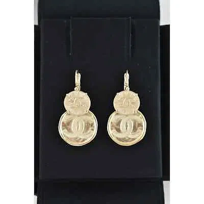 Pre-owned Chanel 22p Free Spirit Cc Gold Logo Circle Dangle Drop Statement Hoop Earrings
