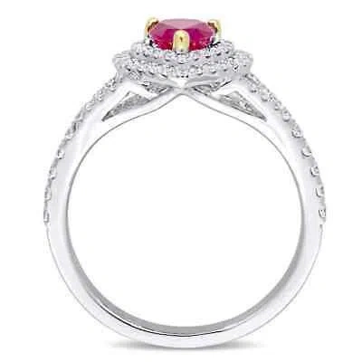 Pre-owned Amour Heart Shape Ruby And 2/5 Ct Tw Diamond Double Halo Ring In 14k White Gold In Check Description
