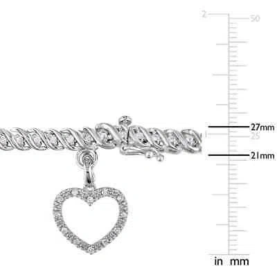 Pre-owned Amour 1 Ct Tw Diamond Tennis Bracelet With Heart Charm In Sterling Silver In White
