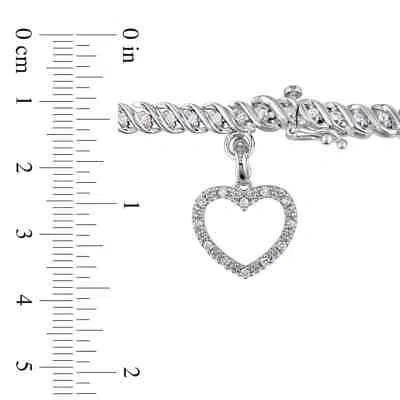 Pre-owned Amour 1 Ct Tw Diamond Tennis Bracelet With Heart Charm In Sterling Silver In White