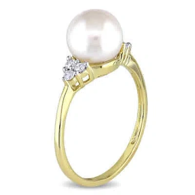 Pre-owned Amour Cultured Freshwater Pearl And 1/8 Ct Tw Diamond Ring In 10k Yellow Gold