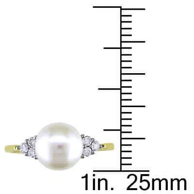 Pre-owned Amour Cultured Freshwater Pearl And 1/8 Ct Tw Diamond Ring In 10k Yellow Gold
