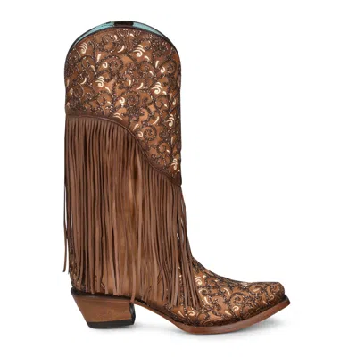 Pre-owned Corral Boots Corral Womens White Overlay Fringe Honey Cowhide 13in Cowboy Boots In Yellow