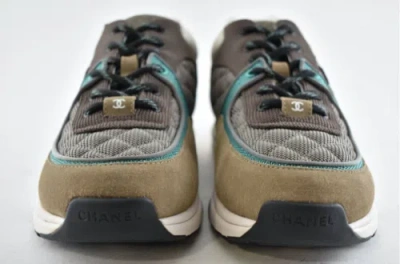 Pre-owned Chanel 21b Mens Brown Black Green White Cc Logo Low Top Trainer Sneaker 44 11