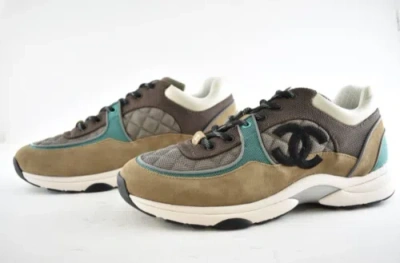 Pre-owned Chanel 21b Mens Brown Black Green White Cc Logo Low Top Trainer Sneaker 44 11