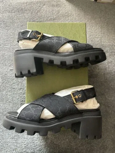 Pre-owned Gucci Gg Supreme Lug Sole Sandals Gg Canvas Slingback Black Women Size 40 In Brown