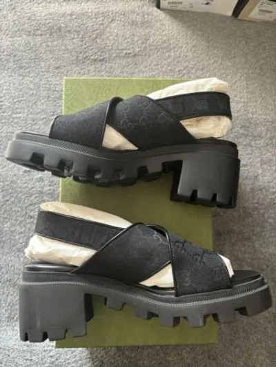 Pre-owned Gucci Gg Supreme Lug Sole Sandals Gg Canvas Slingback Black Women Size 40 In Brown