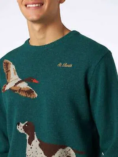 Pre-owned Mc2 Saint Barth Man Crewneck Donegal Sweater With Country Dog Jacquard Print In Green