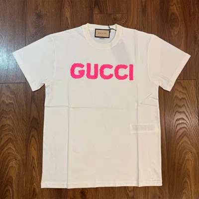 Pre-owned Gucci Pink Embroidery Logo T-shirt Short Sleeve Women Size S In White